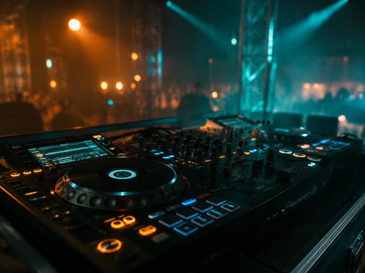 DJ controller on stage with event lighting