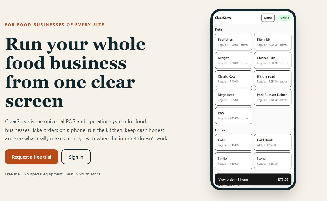 Screenshot of the ClearServe home page showing the phone till